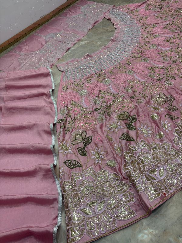 Pink Embroidered Chinon Silk Lehenga Set Online