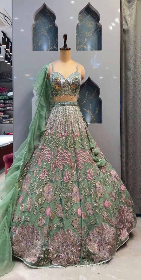Green Embroidered Chinon Silk Lehenga Set Online