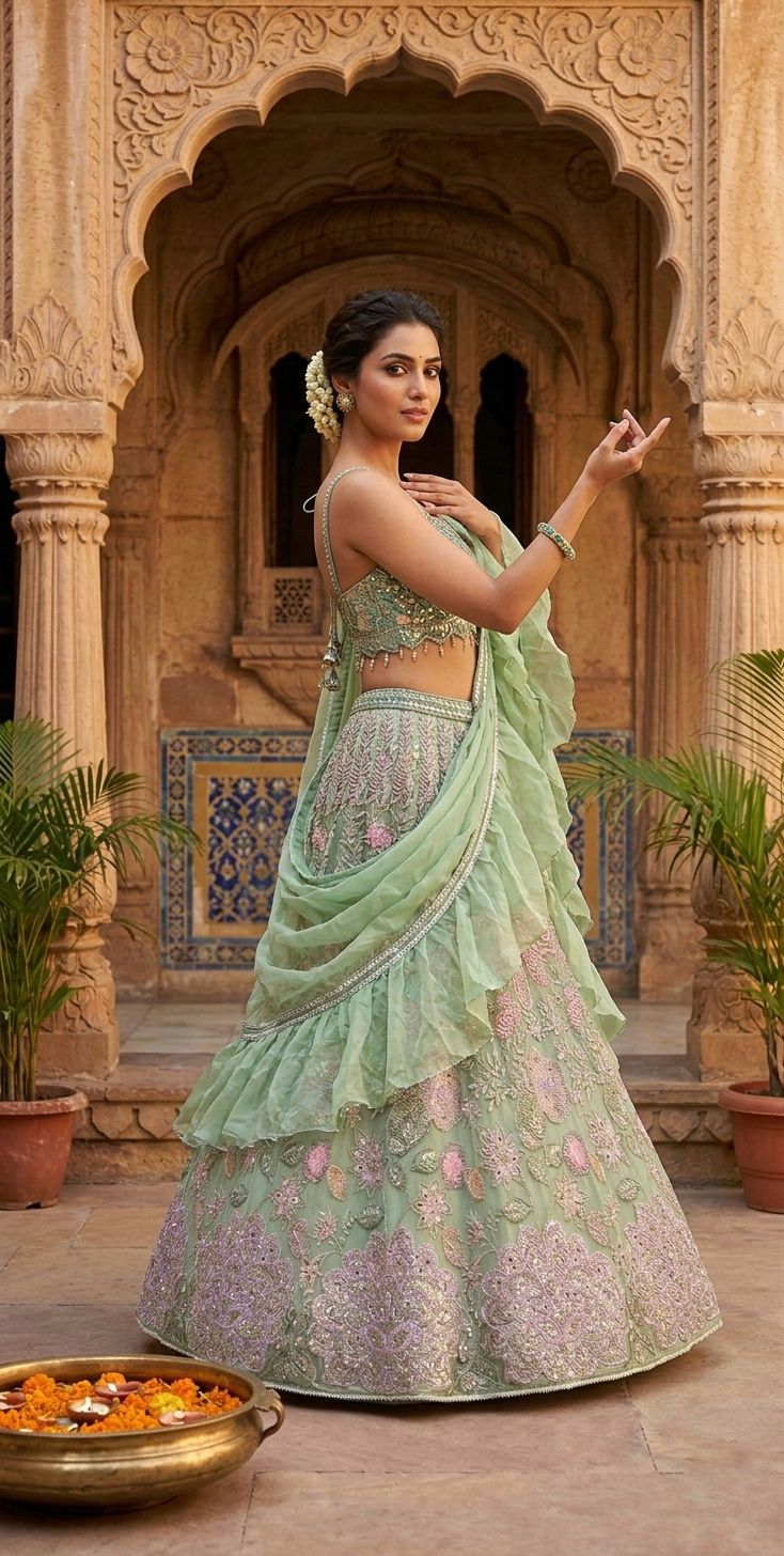 Green Embroidered Chinon Silk Lehenga Set Online