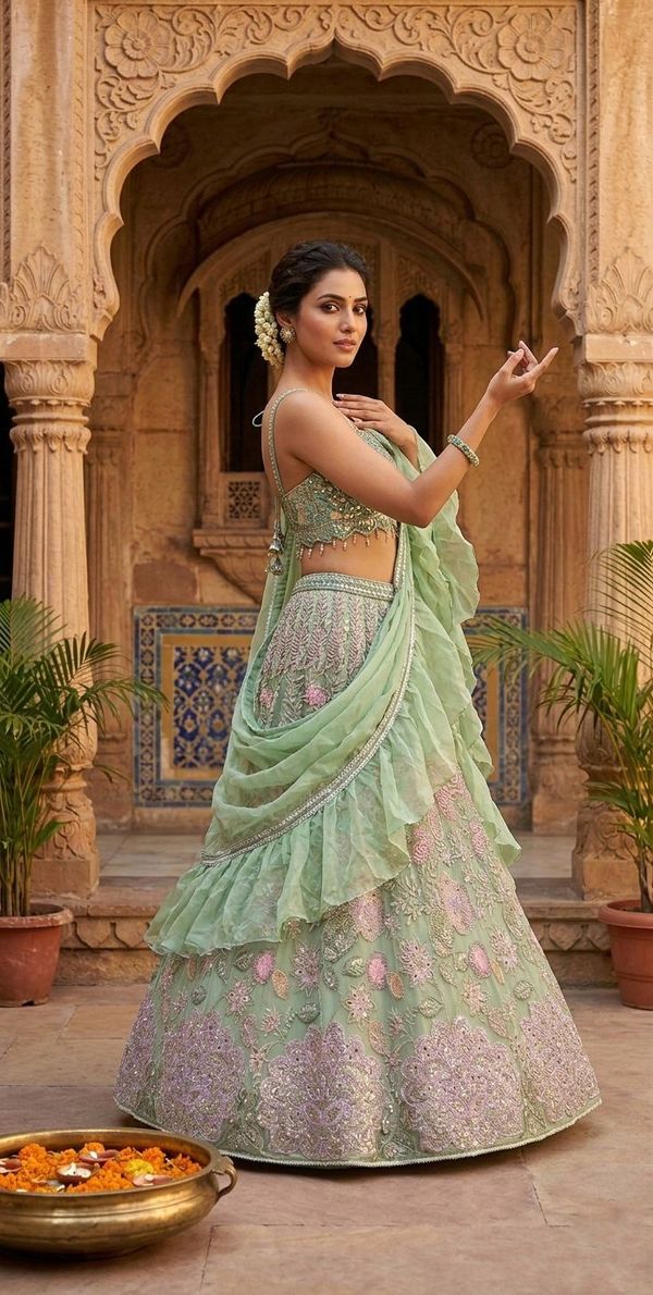 Green Embroidered Chinon Silk Lehenga Set Online