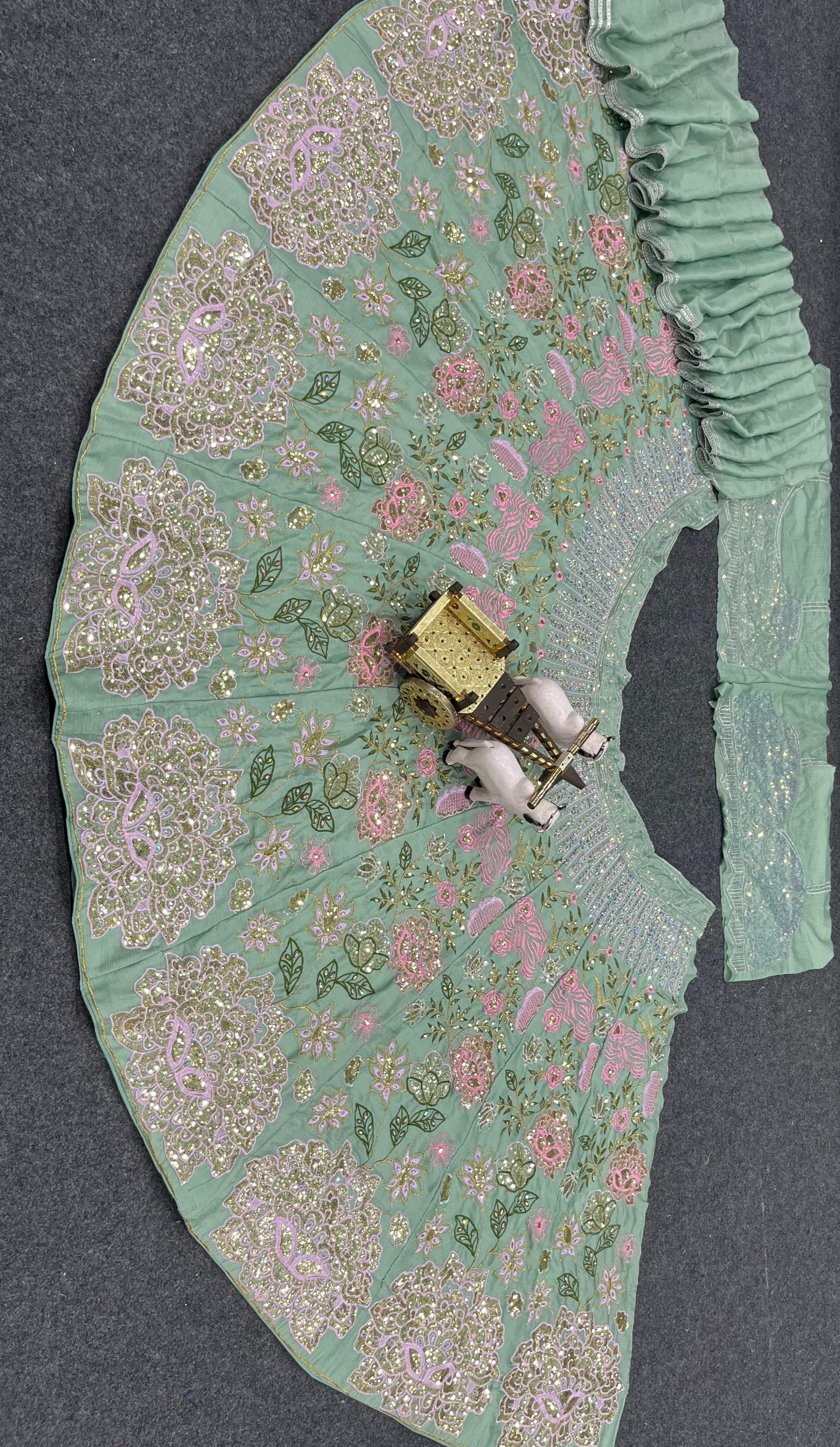 Green Embroidered Chinon Silk Lehenga Set Online