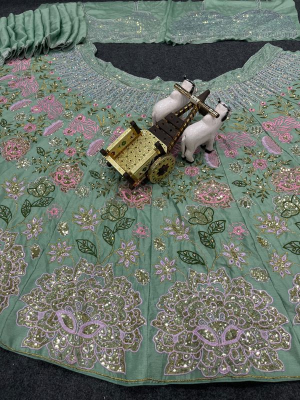 Green Embroidered Chinon Silk Lehenga Set Online