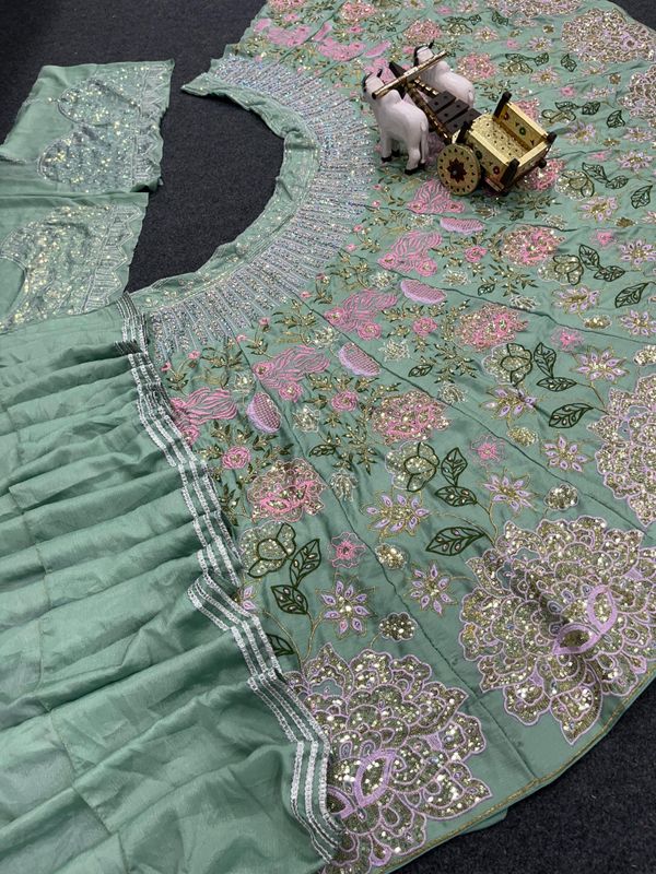 Green Embroidered Chinon Silk Lehenga Set Online