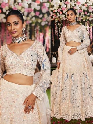 Cream Peacock Embroidered Net Lehenga Set for Women