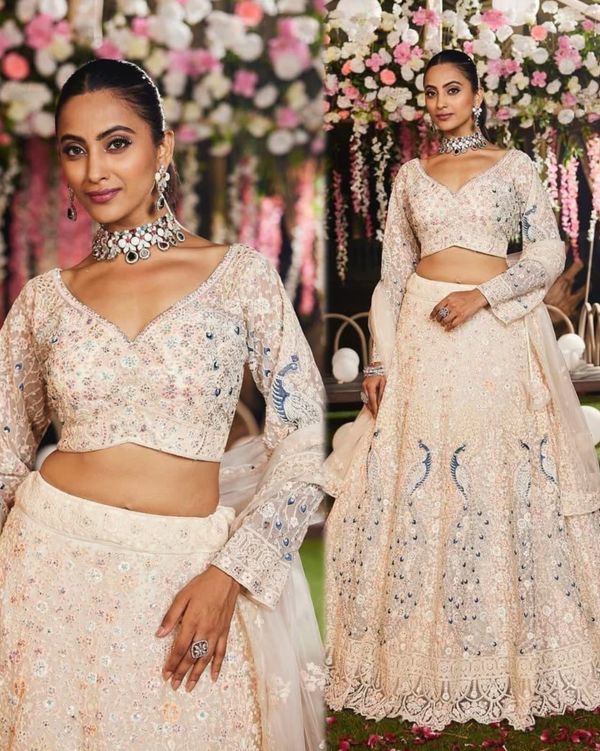 Cream Peacock Embroidered Net Lehenga Set For Women