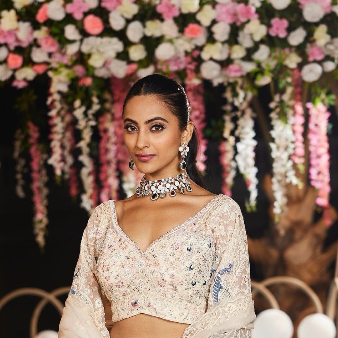 Cream Peacock Embroidered Net Lehenga Set for Women