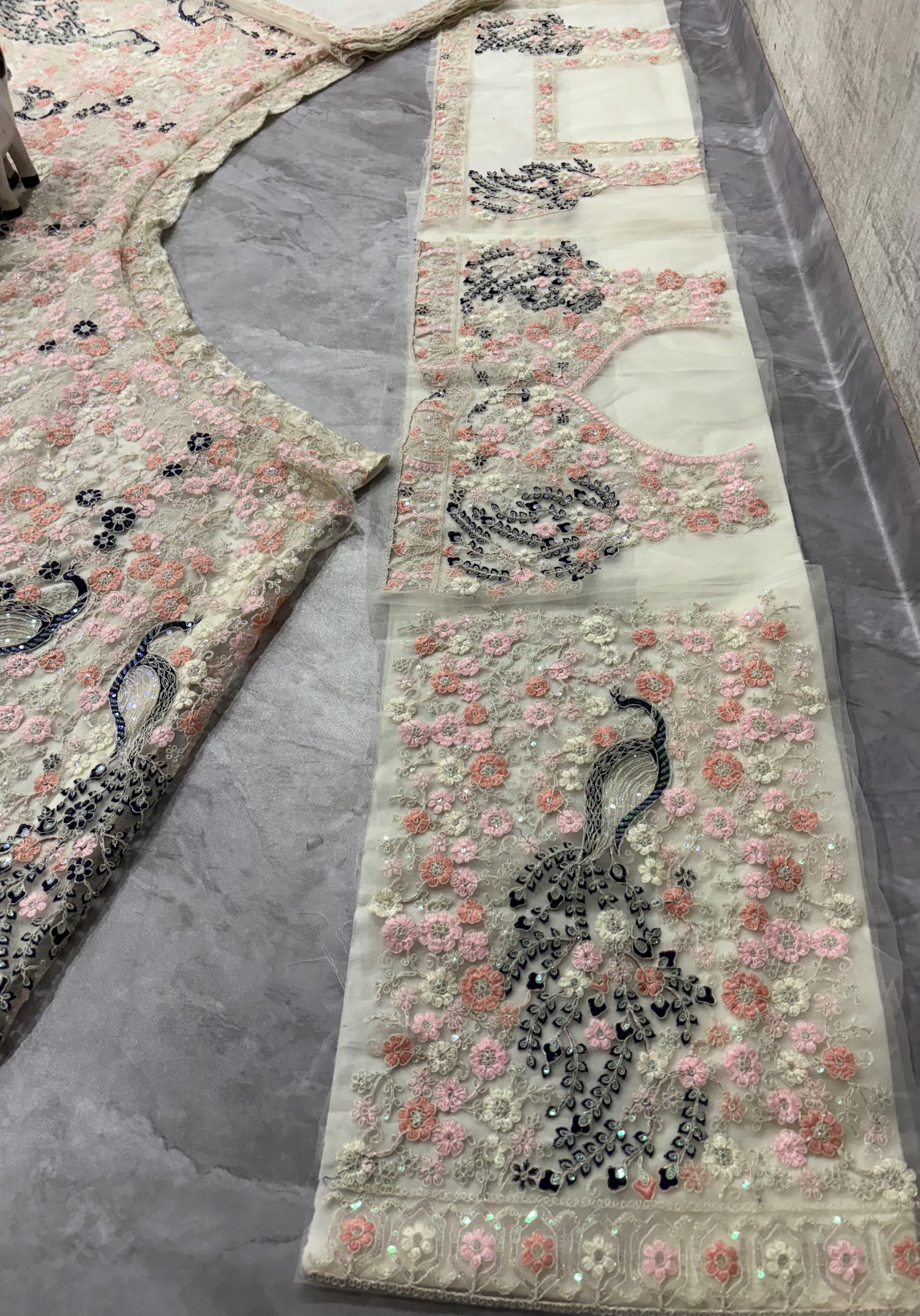 Cream Peacock Embroidered Net Lehenga Set for Women