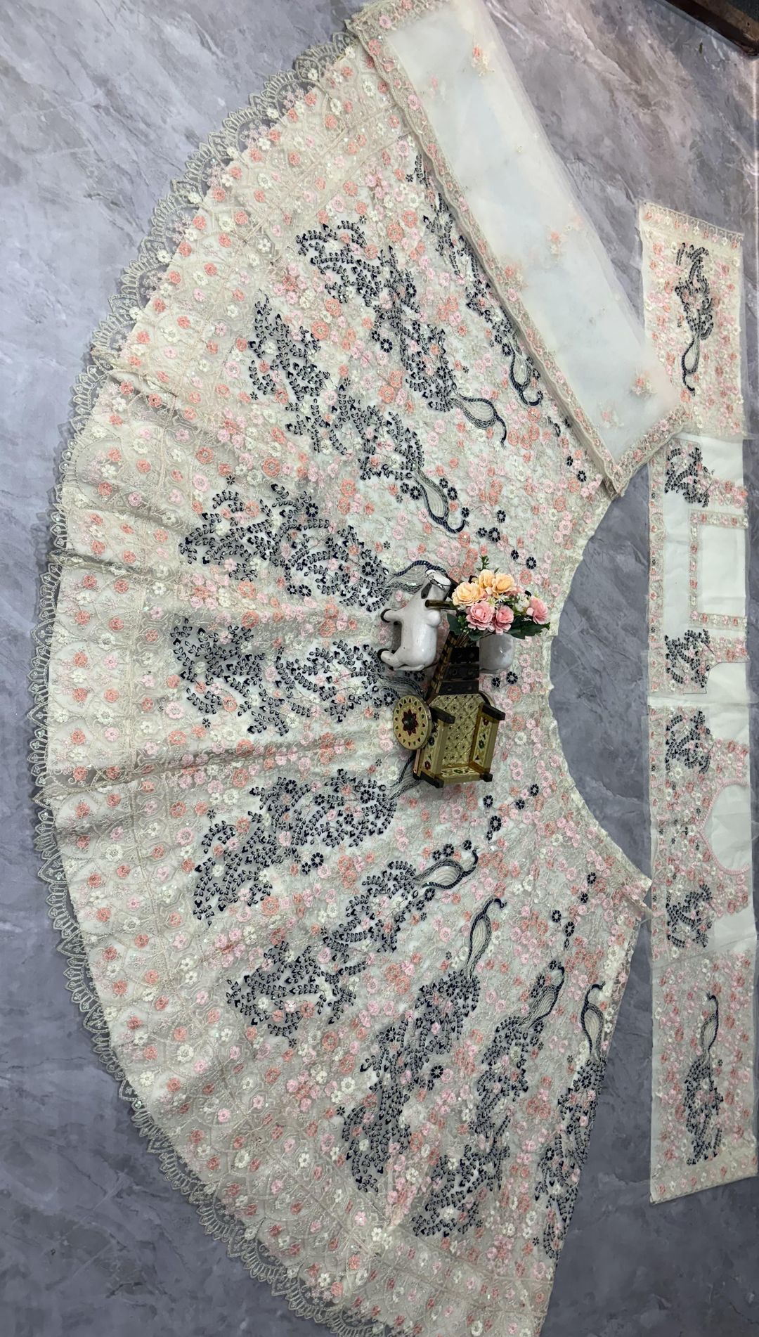 Cream Peacock Embroidered Net Lehenga Set for Women