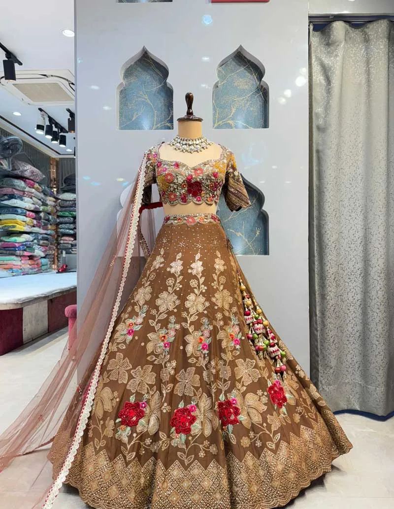 Brown Floral Embroidered Jimmy Choo Lehenga for Women