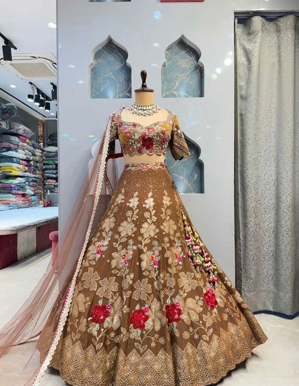 Brown Floral Embroidered Jimmy Choo Lehenga for Women