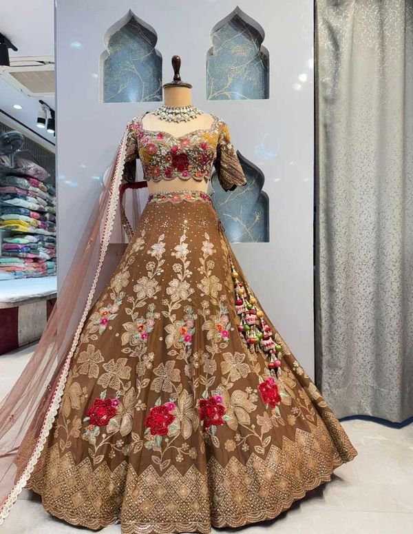 Brown Floral Embroidered Jimmy Choo Lehenga for Women