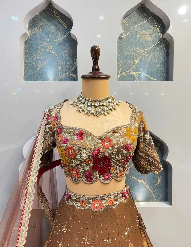 Brown Floral Embroidered Jimmy Choo Lehenga for Women