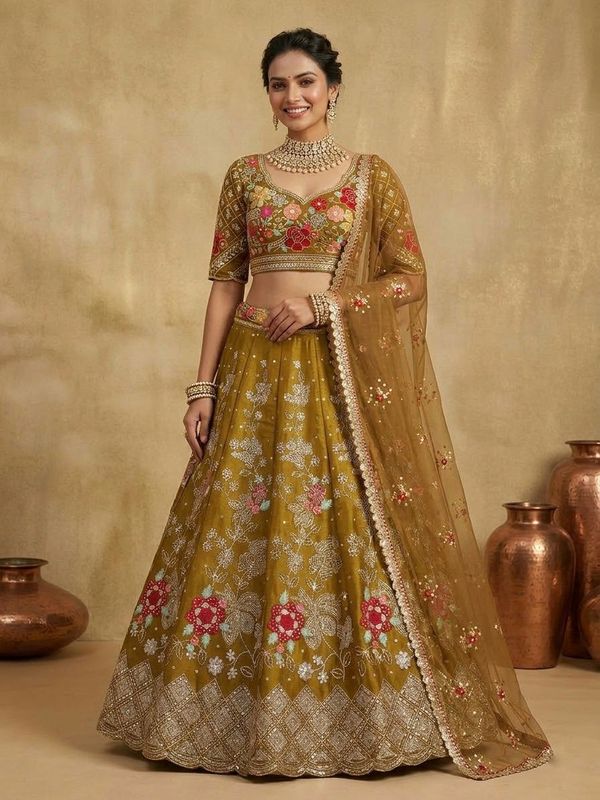 Brown Floral Embroidered Jimmy Choo Lehenga for Women