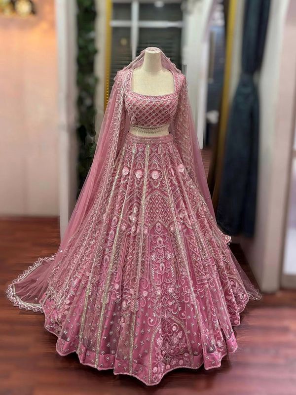 Pink Sequins Embroidered Butterfly Net Lehenga Set
