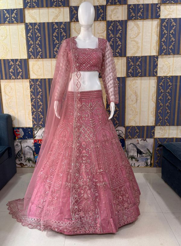 Pink Sequins Embroidered Butterfly Net Lehenga Set
