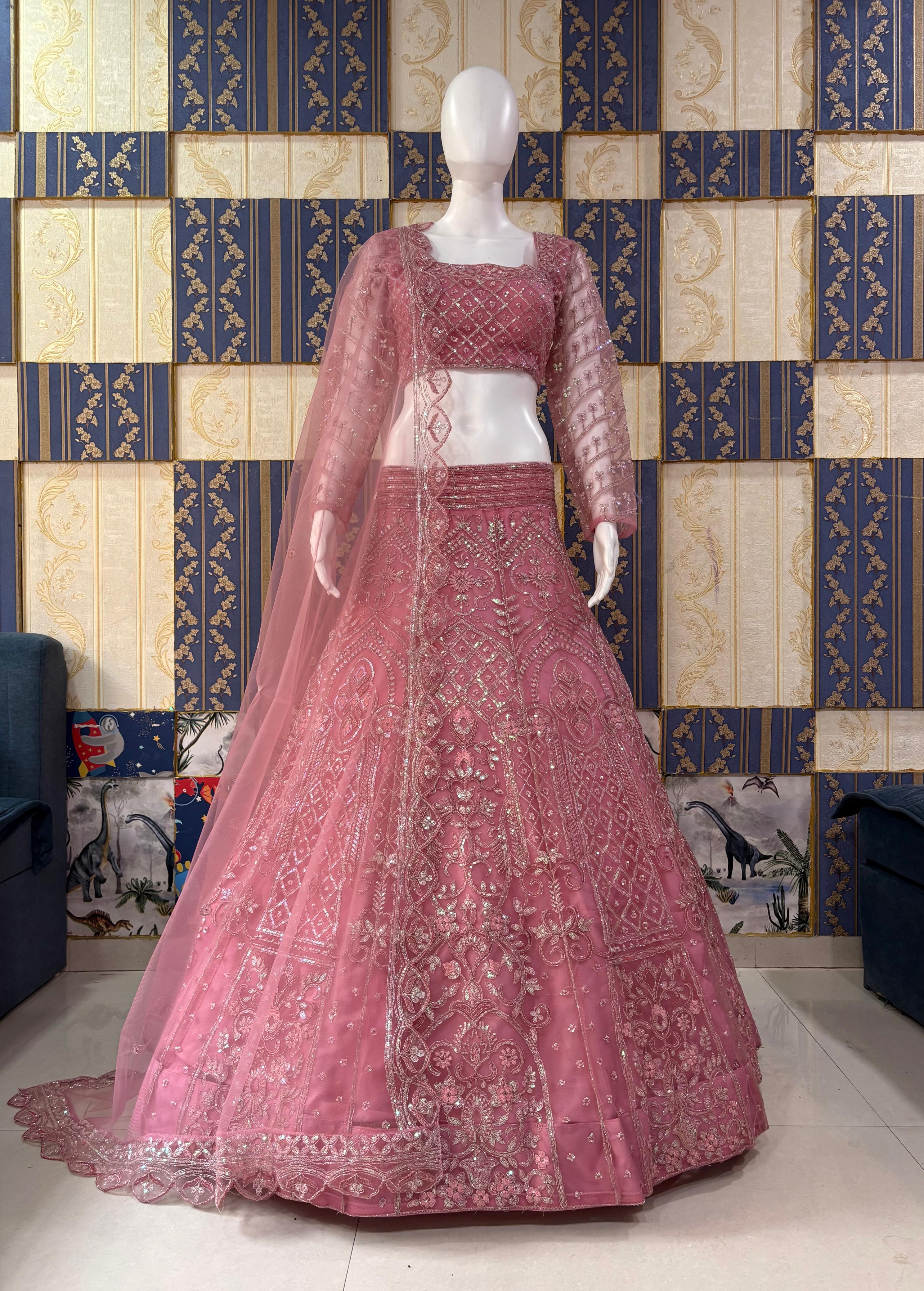 Pink Sequins Embroidered Butterfly Net Lehenga Set