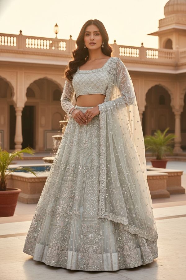 Cream Embroidered Net Lehenga Choli with Dupatta Set