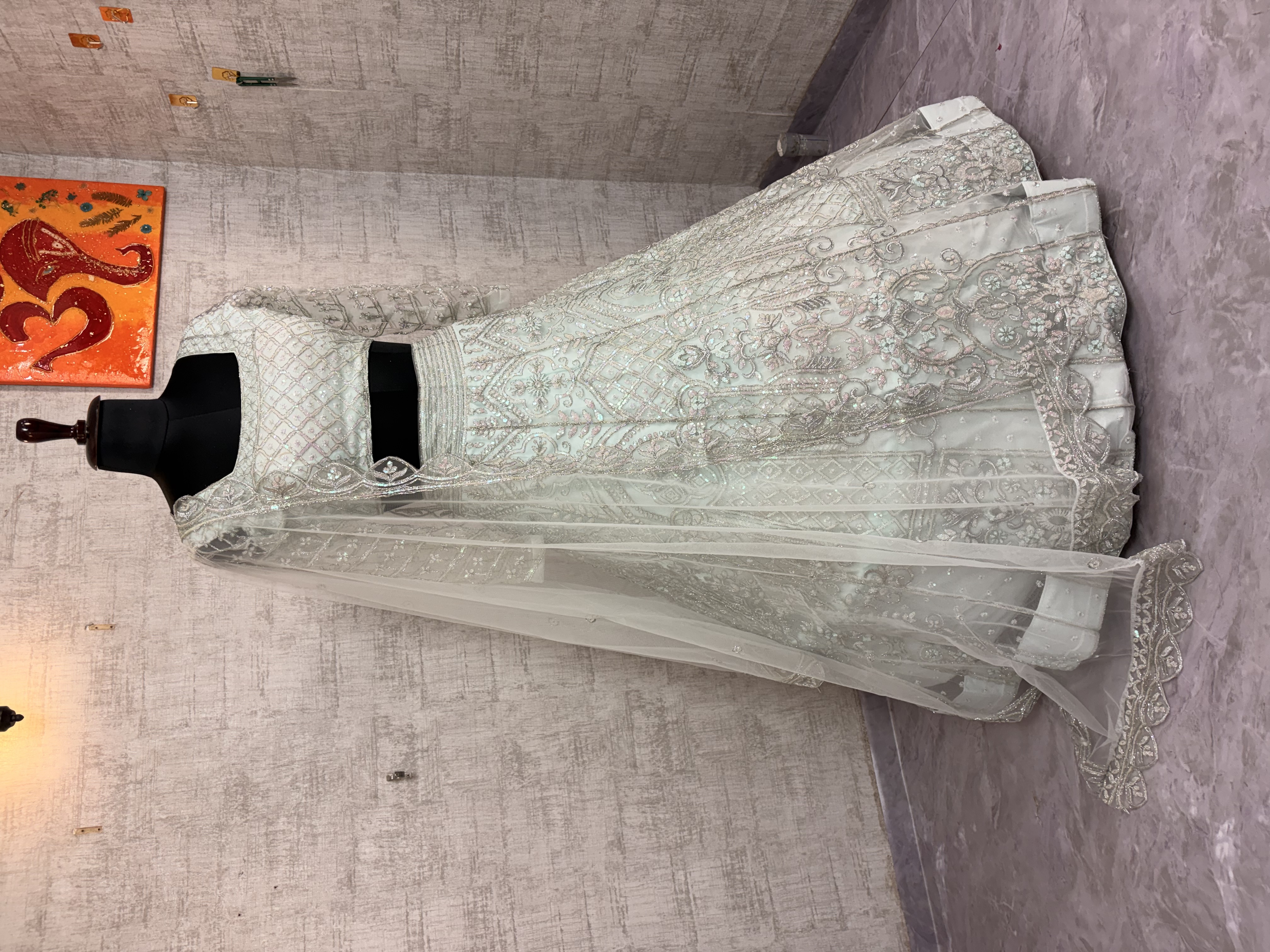 Cream Embroidered Net Lehenga Choli with Dupatta Set