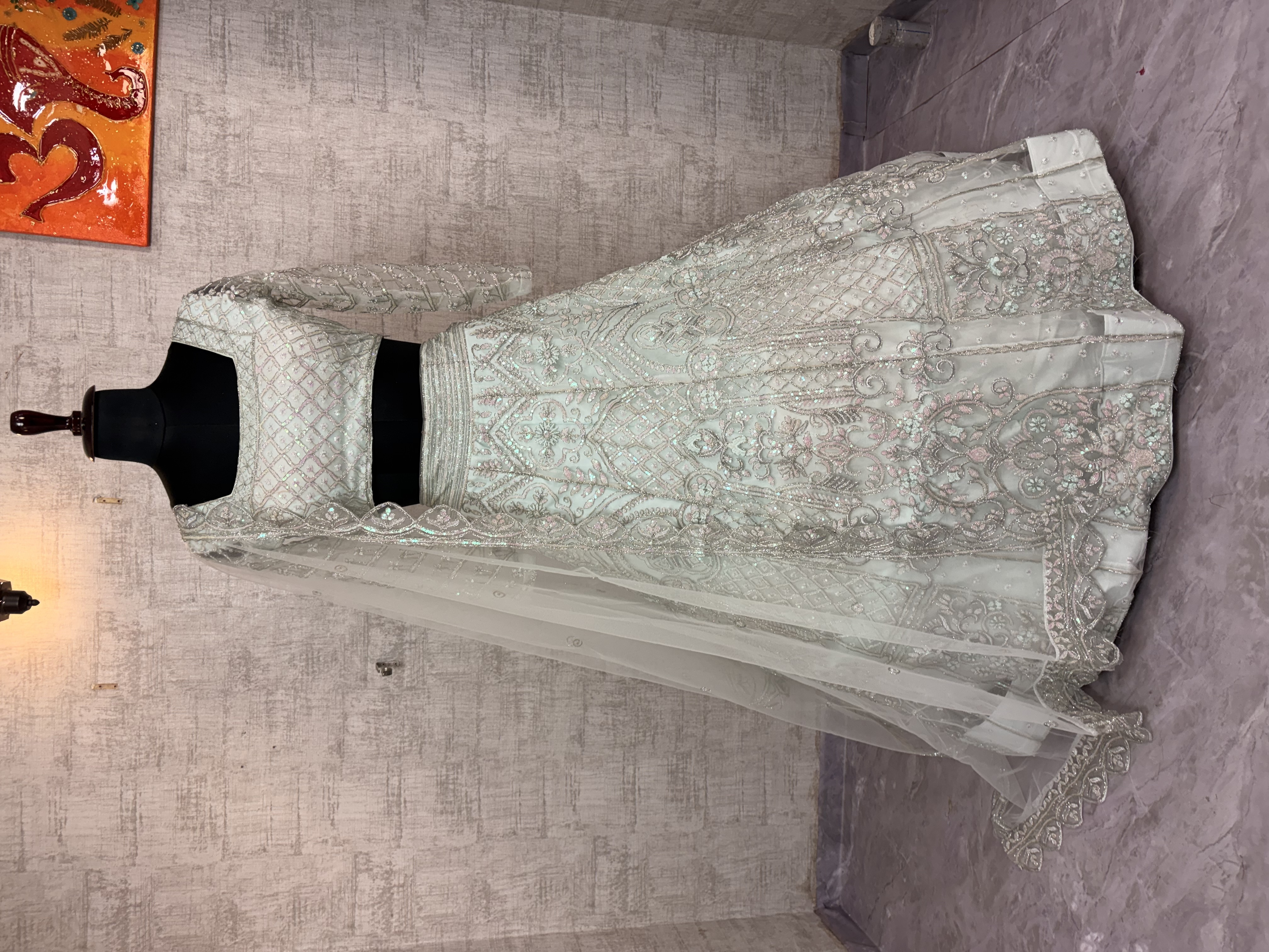 Cream Embroidered Net Lehenga Choli with Dupatta Set