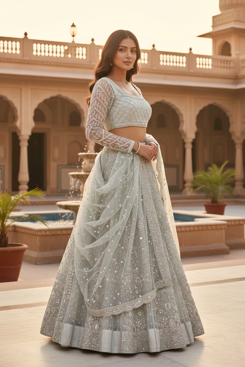 Cream Embroidered Net Lehenga Choli with Dupatta Set