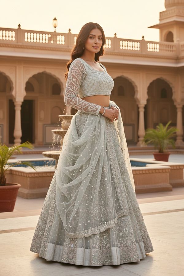 Cream Embroidered Net Lehenga Choli with Dupatta Set