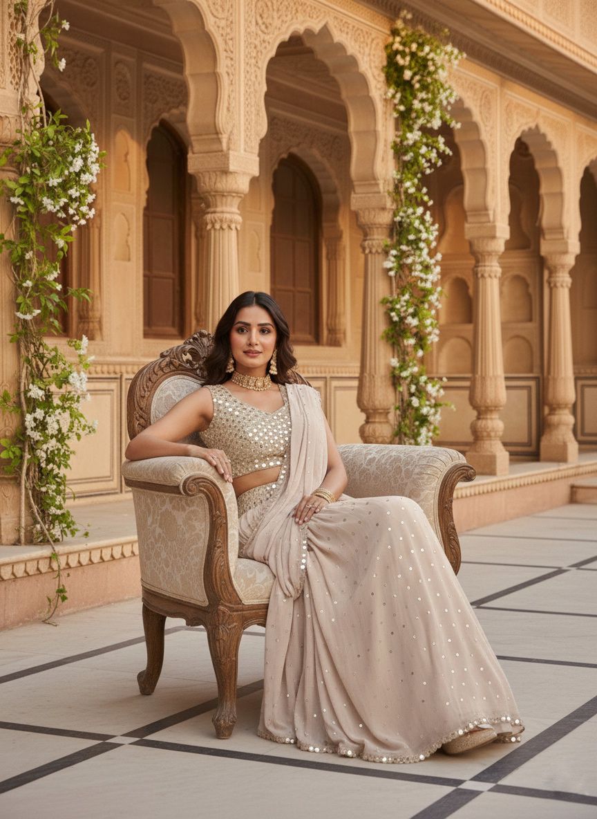 Cream Mirror Work Faux Georgette Ready to Wear Saree