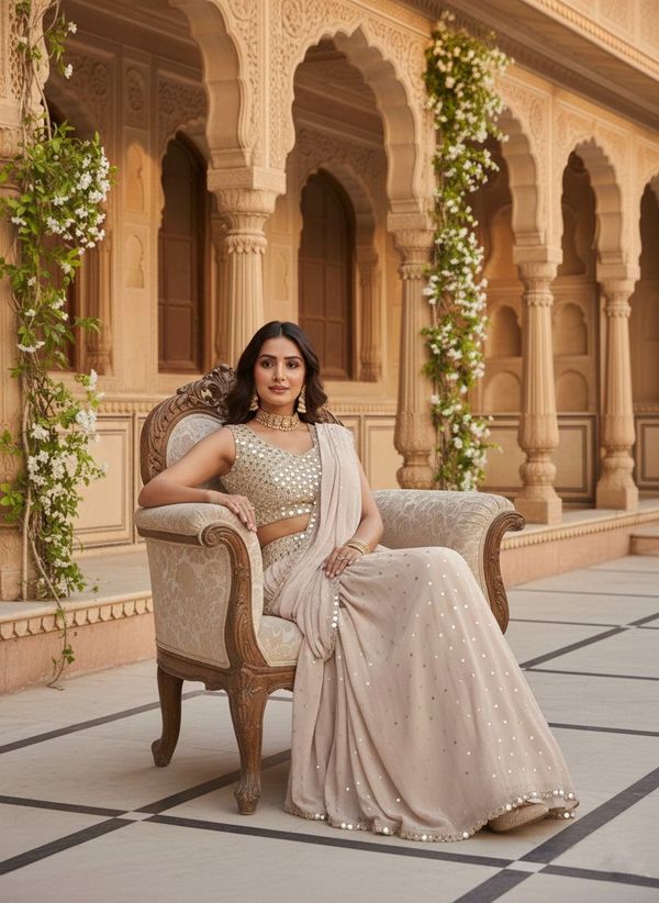 Cream Mirror Work Faux Georgette Ready to Wear Saree