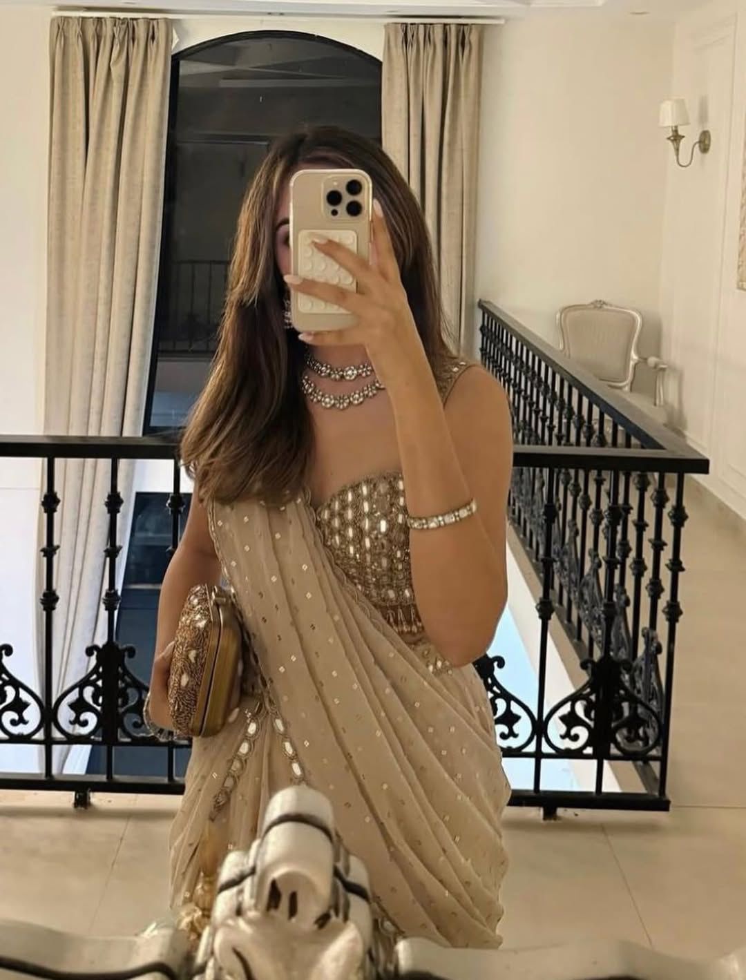 Cream Mirror Work Faux Georgette Ready to Wear Saree