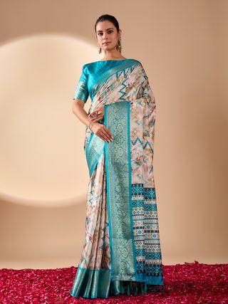 Aqua Printed Lichi Silk Saree with Zari Border Style