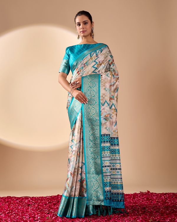 Aqua Printed Lichi Silk Saree with Zari Border Style