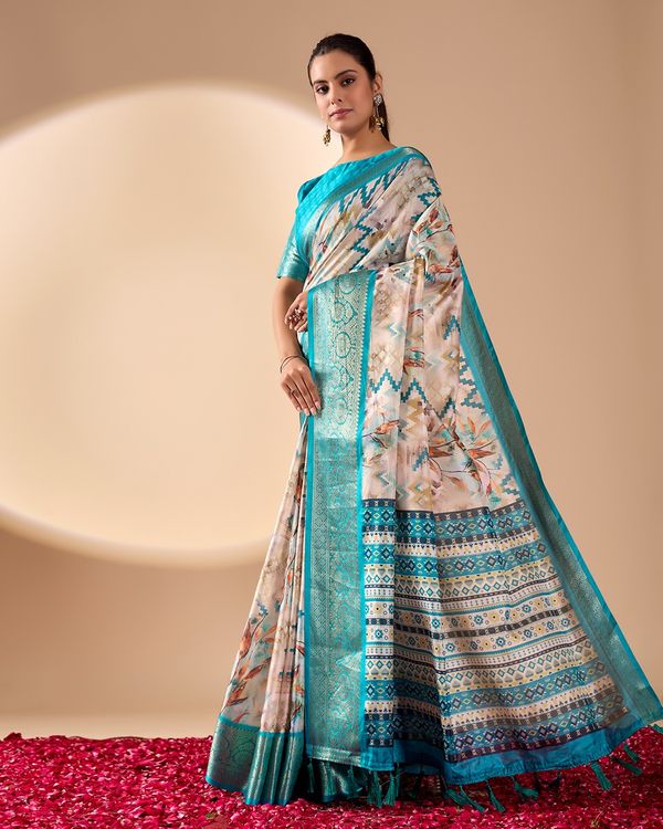 Aqua Printed Lichi Silk Saree with Zari Border Style