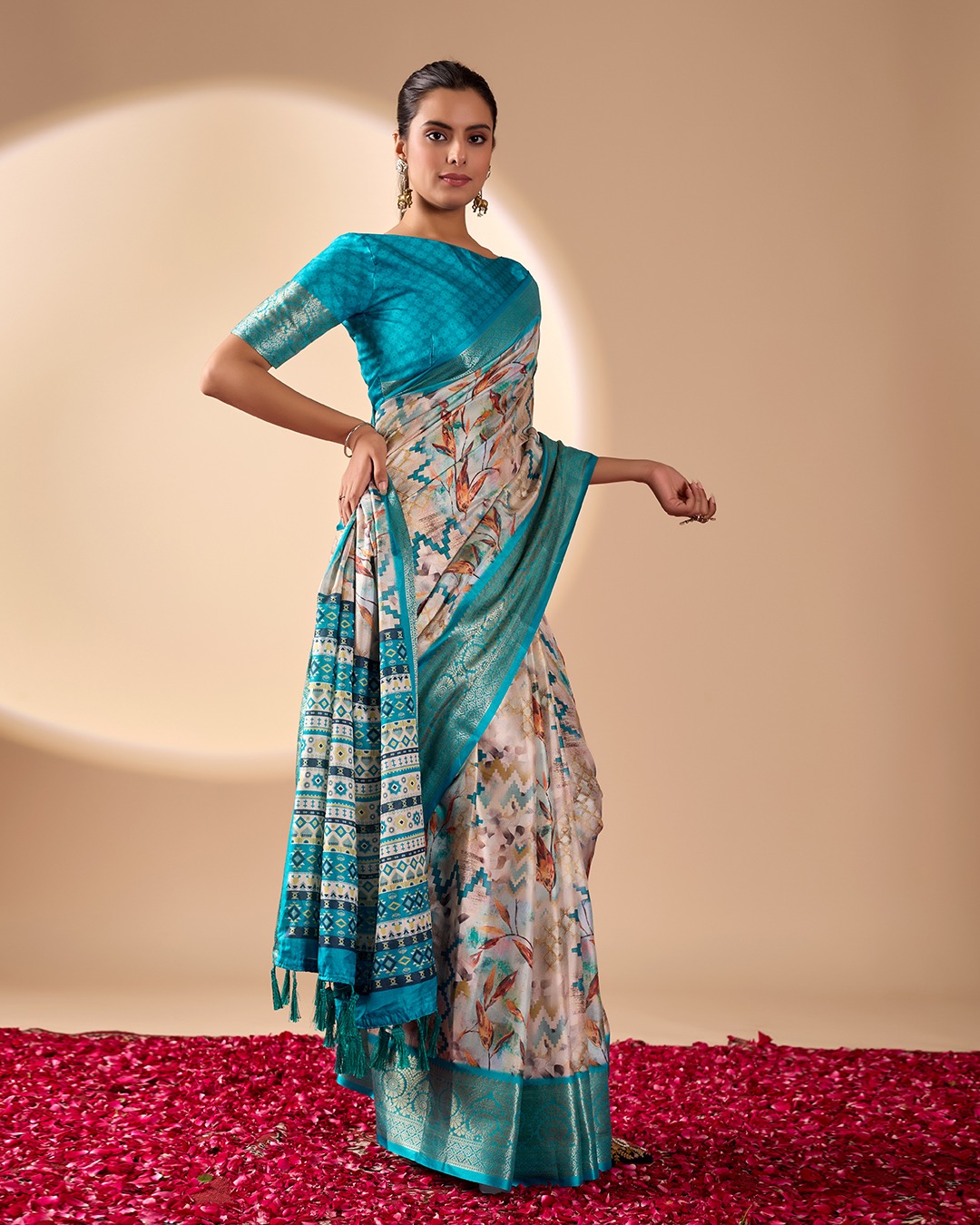 Aqua Printed Lichi Silk Saree with Zari Border Style