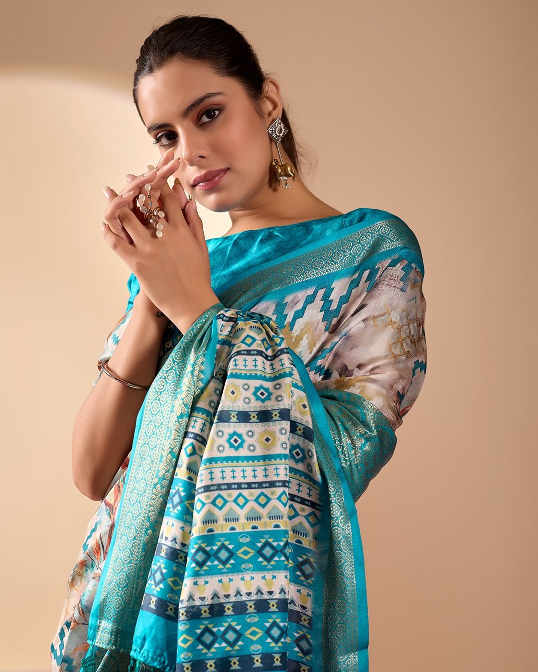 Aqua Printed Lichi Silk Saree with Zari Border Style
