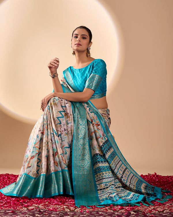 Aqua Printed Lichi Silk Saree with Zari Border Style