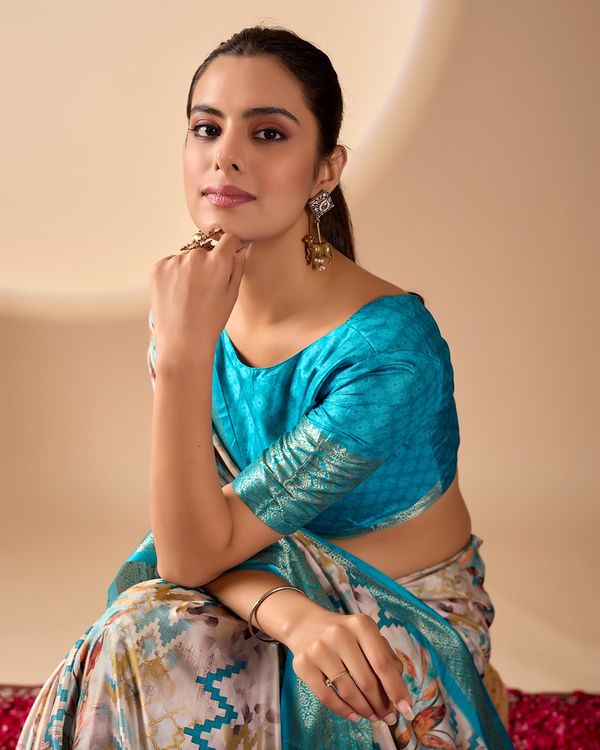 Aqua Printed Lichi Silk Saree with Zari Border Style