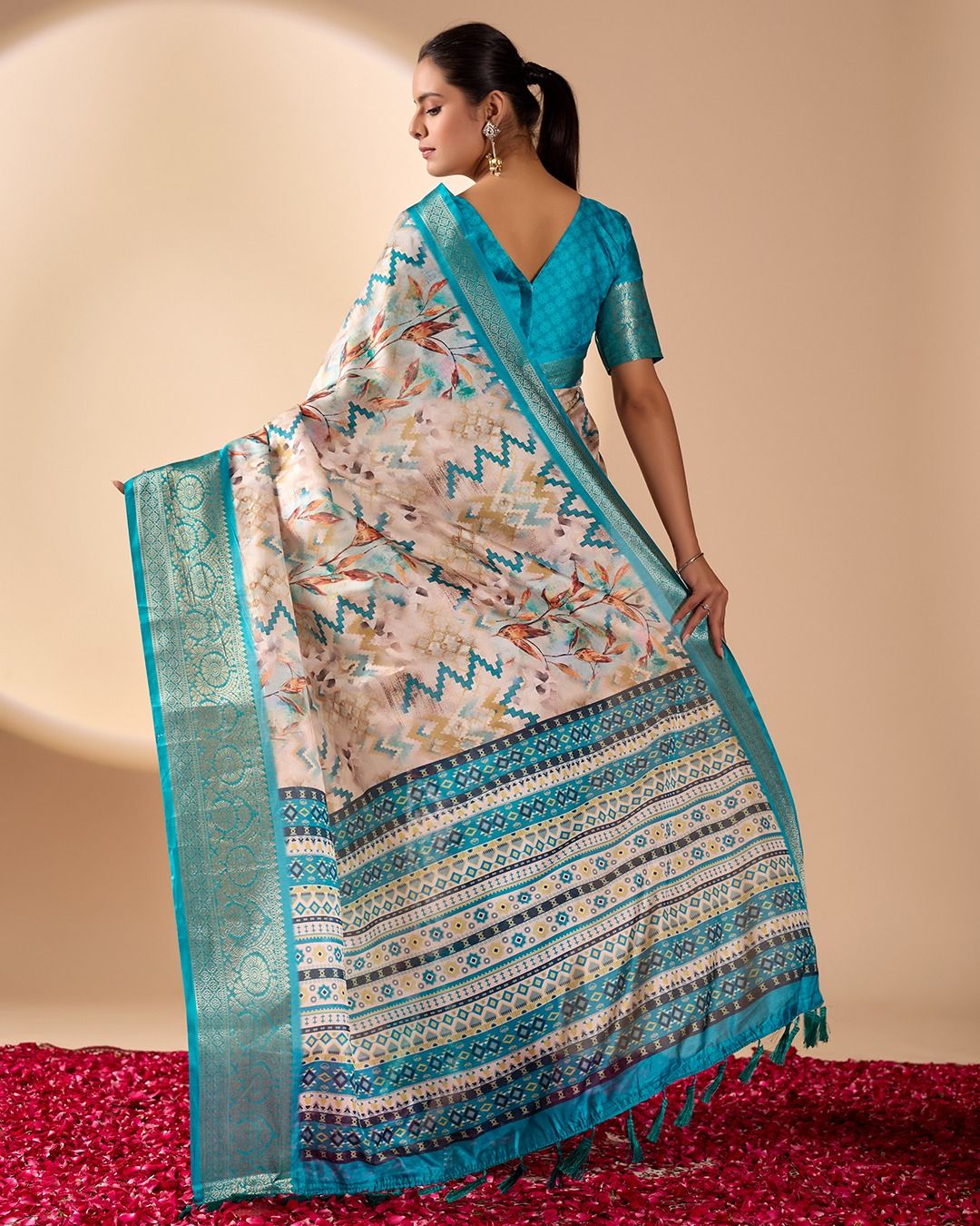 Aqua Printed Lichi Silk Saree with Zari Border Style