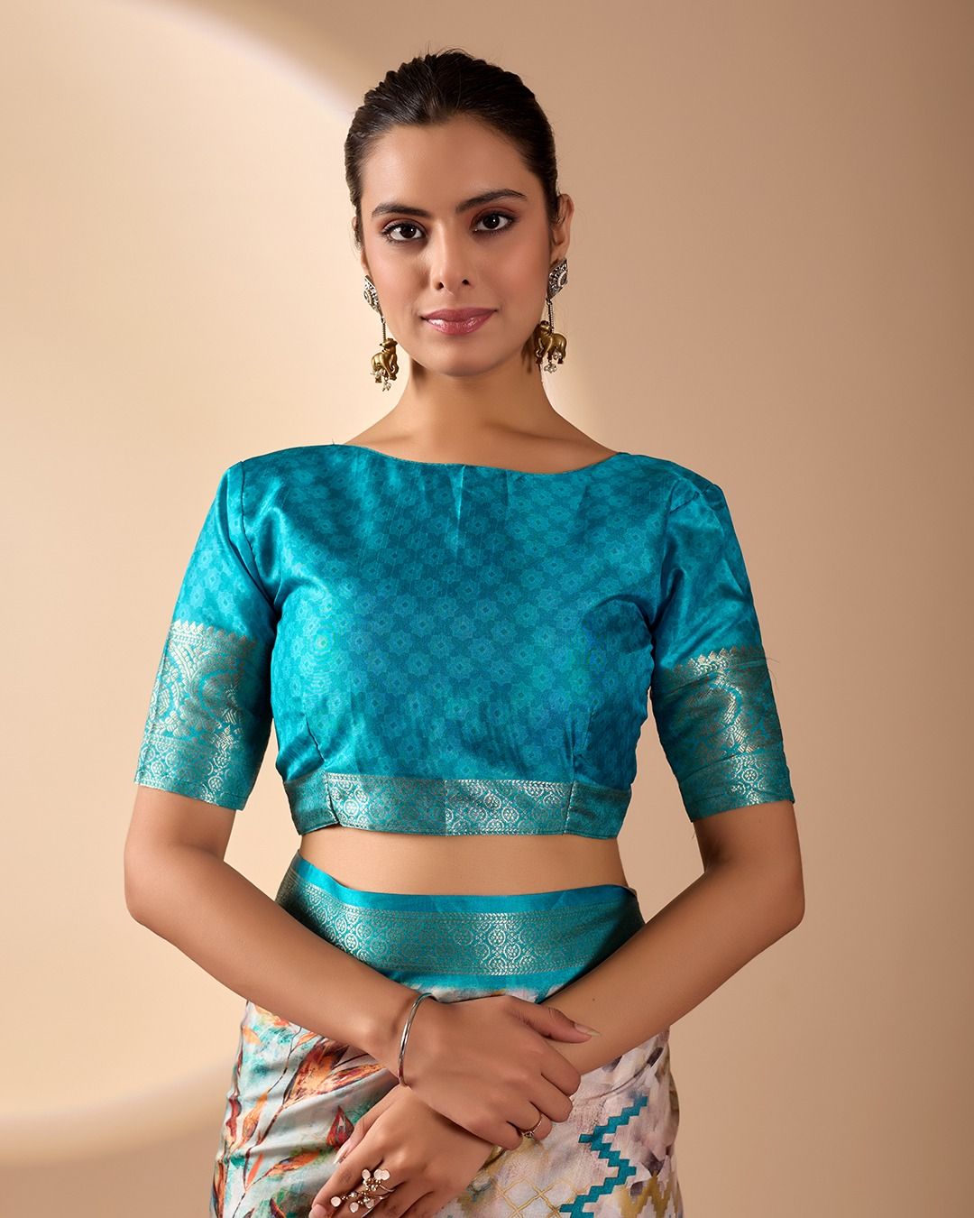 Aqua Printed Lichi Silk Saree with Zari Border Style