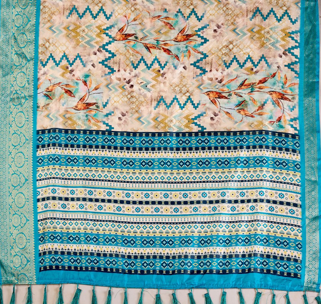 Aqua Printed Lichi Silk Saree with Zari Border Style