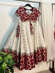 Cream & Maroon Jacquard Lehenga Choli with Dupatta Set - Cream