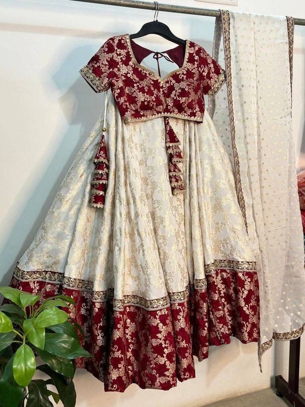 Cream & Maroon Jacquard Lehenga Choli with Dupatta Set