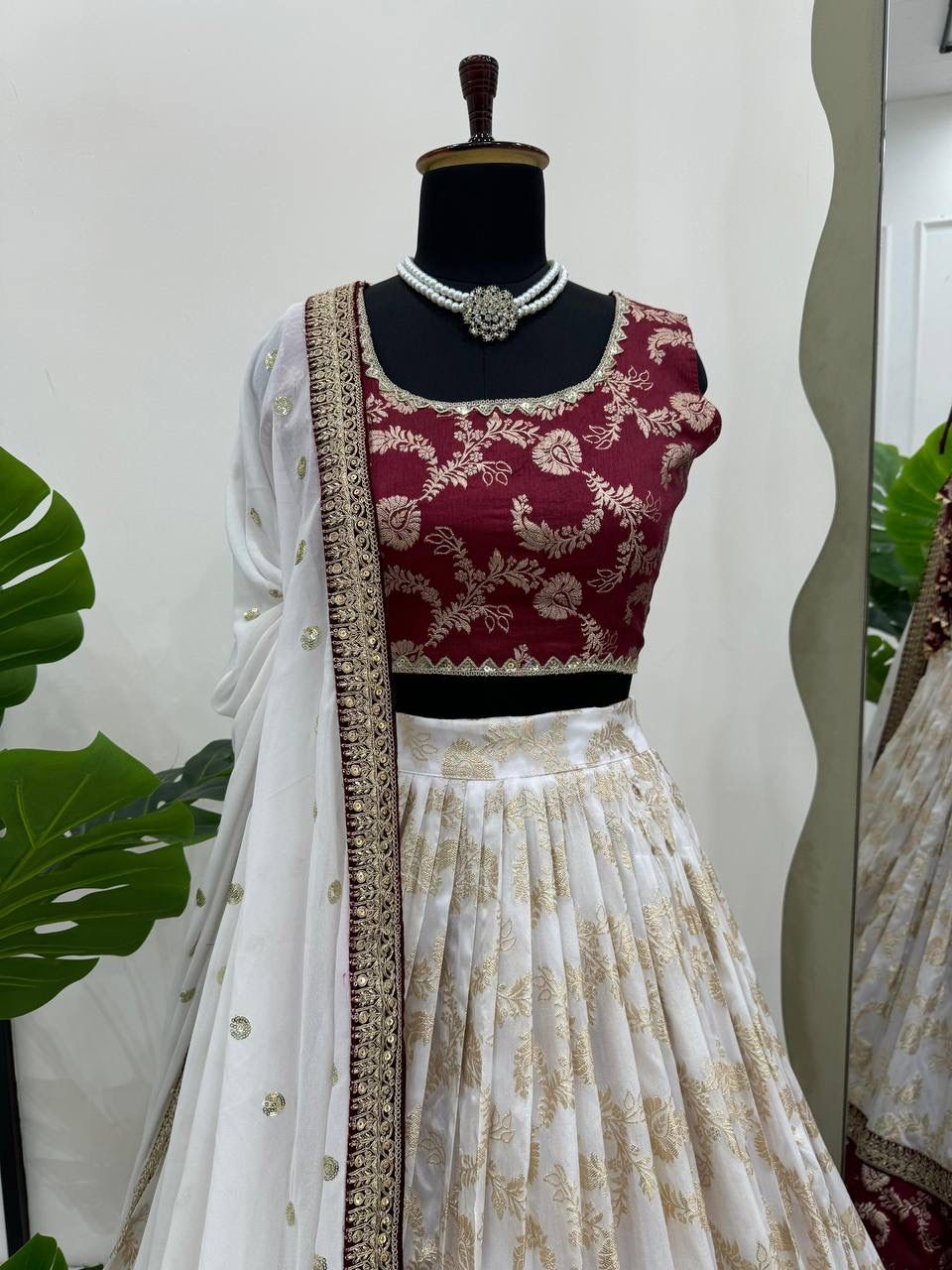 Cream & Maroon Jacquard Lehenga Choli with Dupatta Set