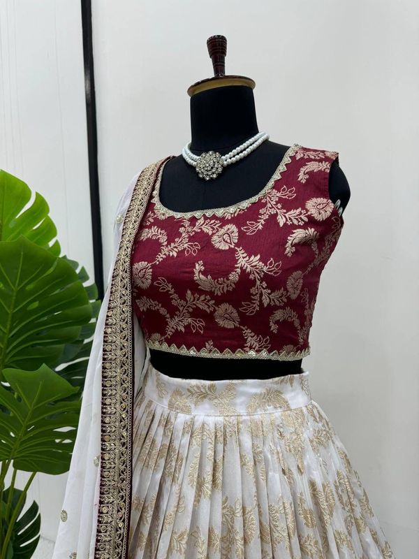 Cream & Maroon Jacquard Lehenga Choli with Dupatta Set