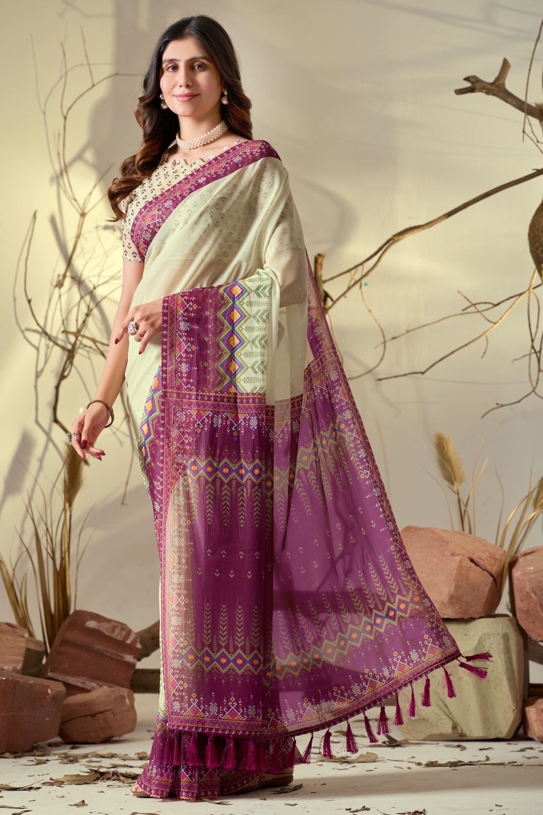 Elegant Cream Saree with Pink Geometric Print Pallu