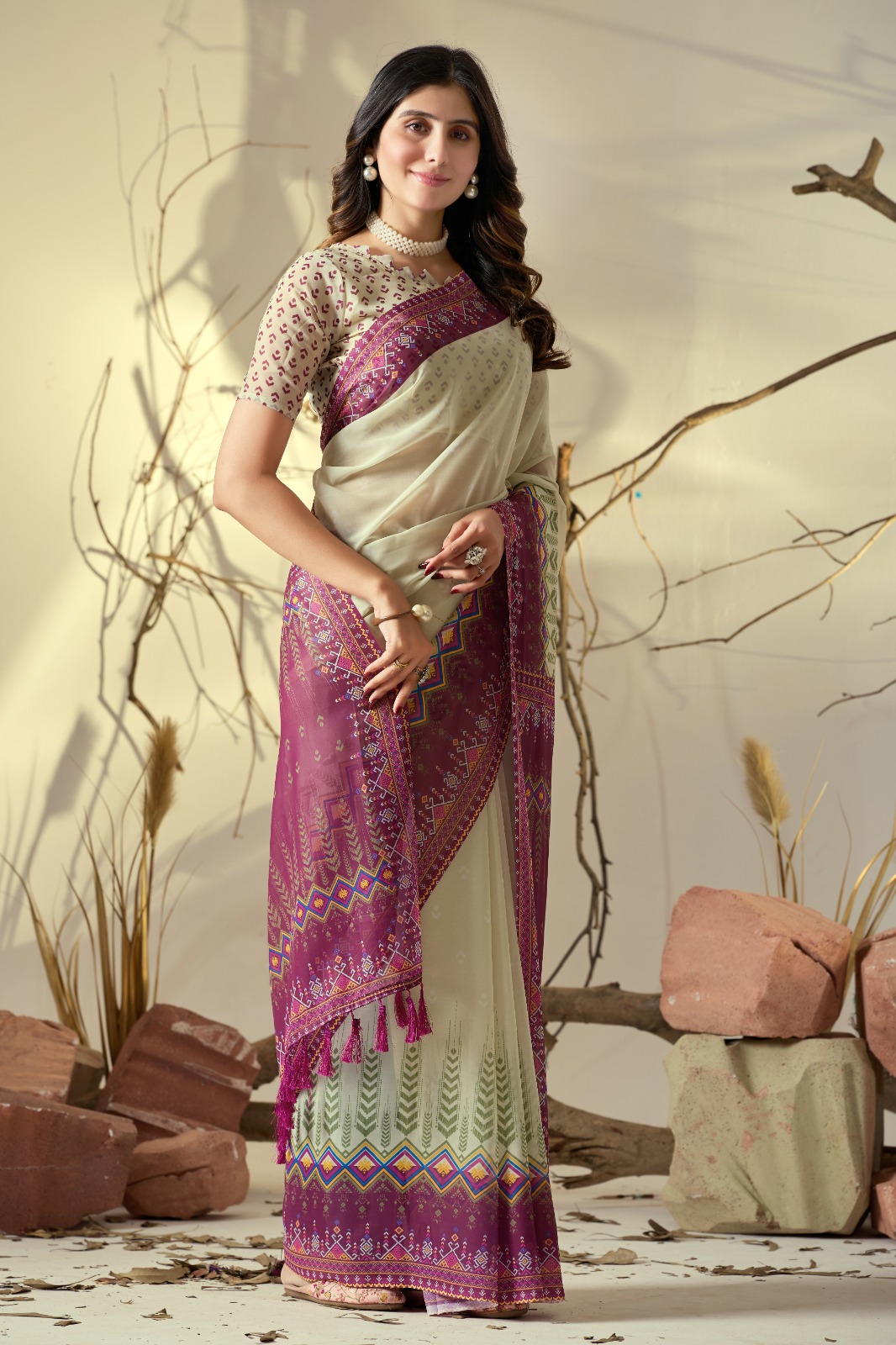 Elegant Cream Saree with Pink Geometric Print Pallu