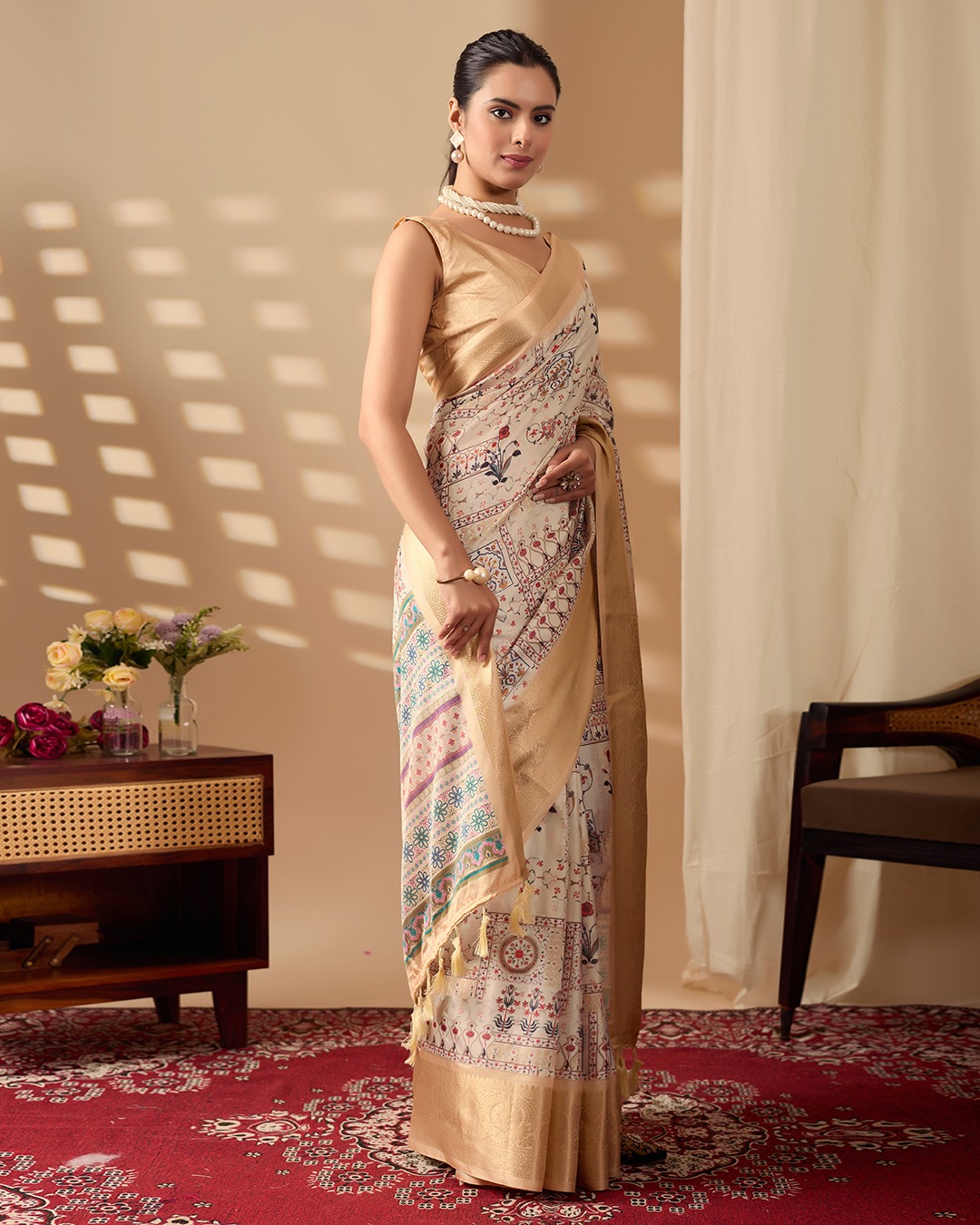 Beige Lichi Silk Saree with Gold Zari Border Design