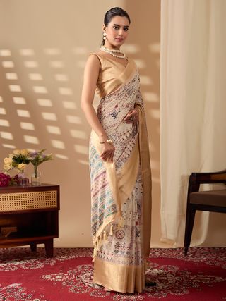 Beige Lichi Silk Saree with Gold Zari Border Design