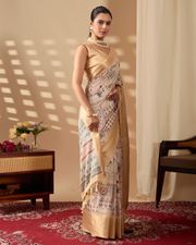 Beige Lichi Silk Saree with Gold Zari Border Design - Beige