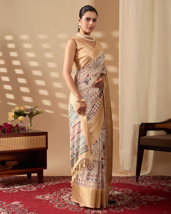 Beige Lichi Silk Saree with Gold Zari Border Design