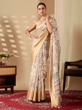 Beige Lichi Silk Saree with Gold Zari Border Design