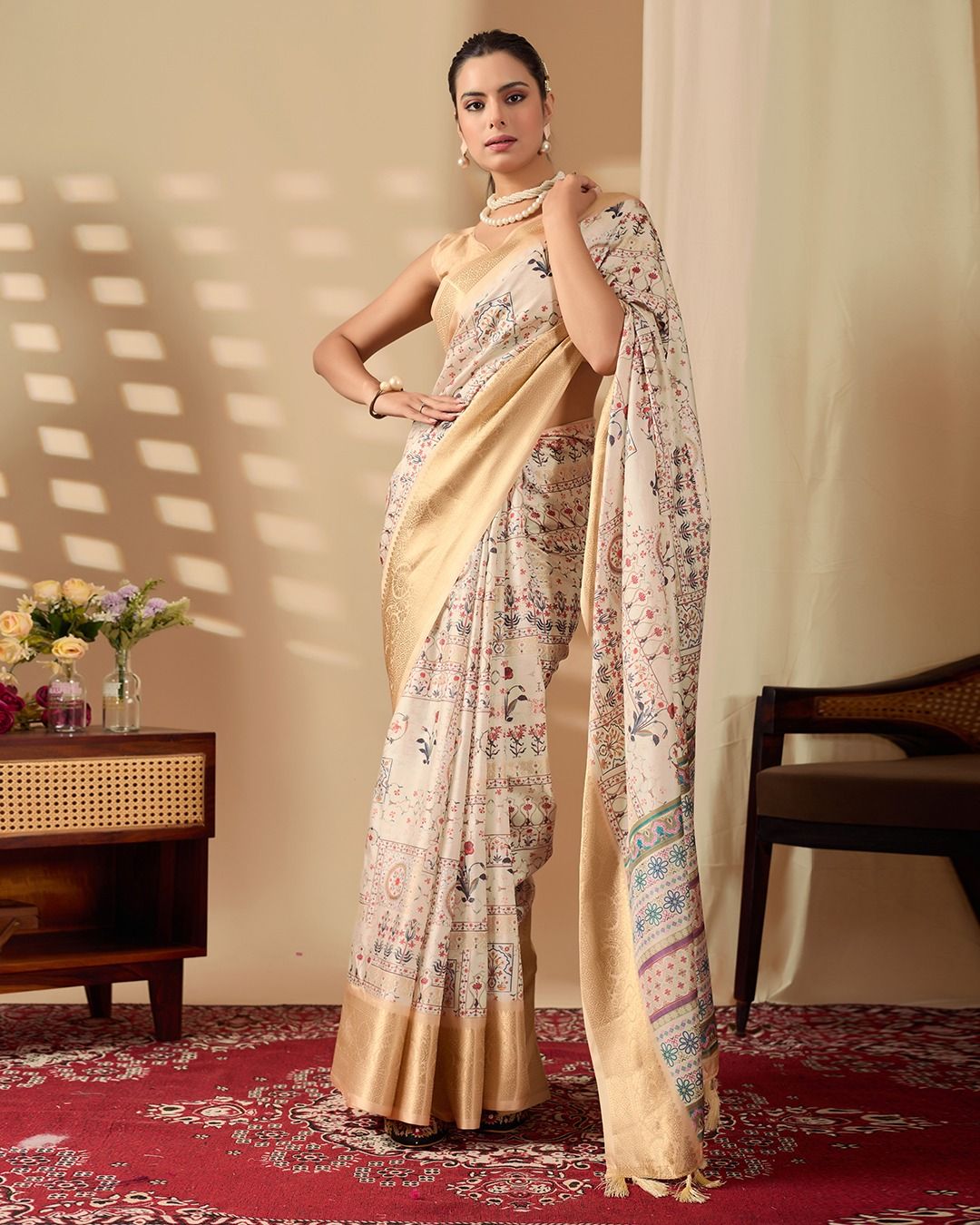 Beige Lichi Silk Saree with Gold Zari Border Design